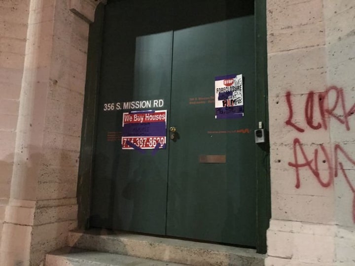 The door of the 356 Mission gallery was tagged by antri-gentrification activists in Boyle Heights. 