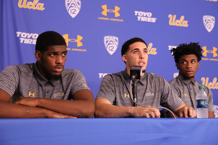 Cody Riley (left), LiAngelo Ball and Jalen Hill speak at a Nov. 15, 2017, press conference at UCLA after flying back from China.