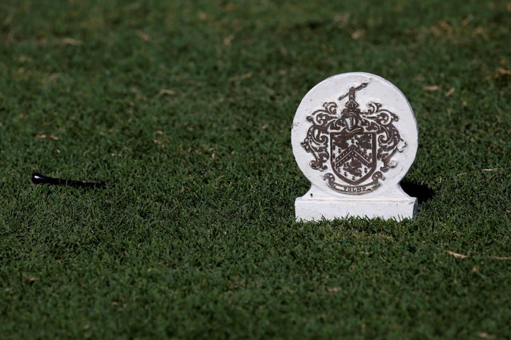 A coat of arms marks the 17th tee box at the Trump International Golf Club in West Palm Beach, Florida.