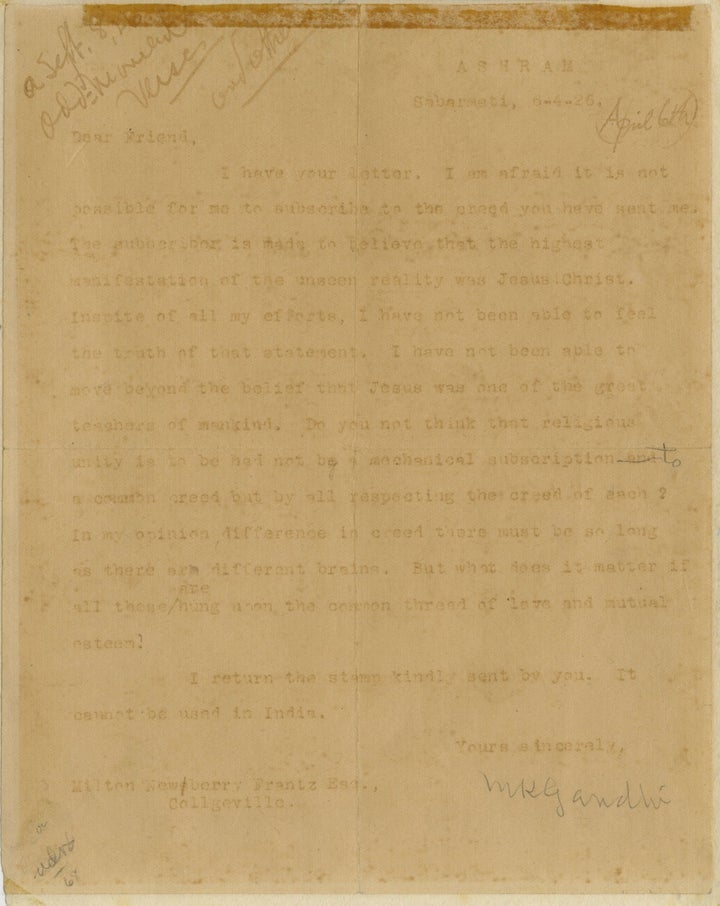 The letter from Mohandas K. Gandhi to Milton Newberry Frantz, dated April 6, 1926.