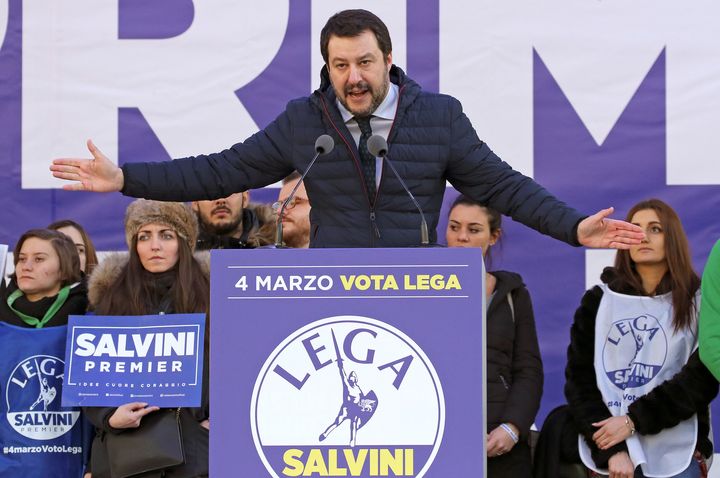 League leader Matteo Salvini gives a speech during a rally in Milan.