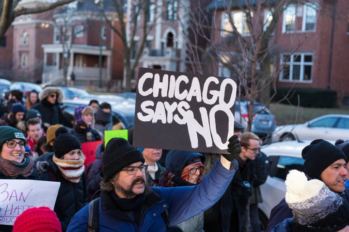 Demonstrators gather at the University of Chicago on Feb. 2 to protest a scheduled speech by former White House strategist Steve Bannon.