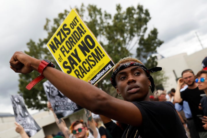 A protester in Gainesville, Florida, demonstrates against Richard Spencer's speech on the University of Florida campus on Oct. 19, 2017.