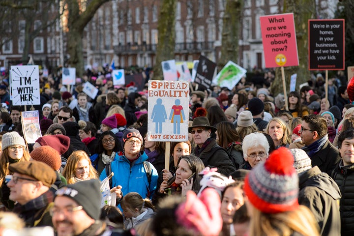 Demonstrators gather in front of the American embassy in London in 2017.