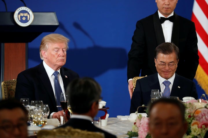 U.S. President Donald Trump attends a state dinner hosted by South Korea's President Moon Jae-in in Seoul on Nov, 7, 2017.&nb