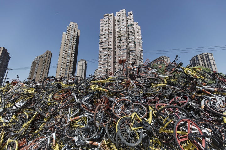 Ride-sharing bikes dumped in Shanghai, China.