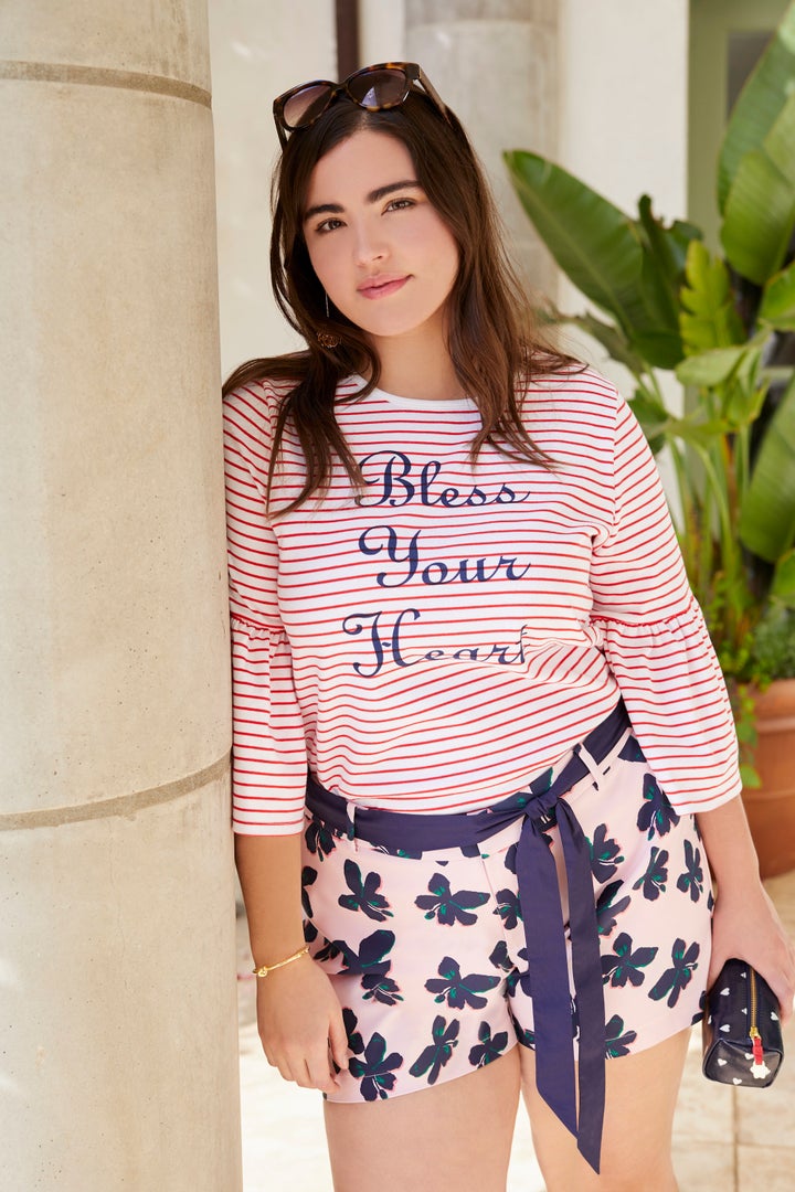 Hibiscus-printed shorts ($75) and "Bless Your Heart" graphic tee ($55) from the Draper James for Eloquii collection. 