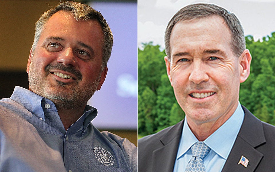 James Debney, CEO of Smith & Wesson (left) and Christopher Killoy, CEO of Sturm, Ruger & Co. (right), live miles apart in a tiny conservative town in Massachusetts. Their companies now manufacture more than one-third of all guns made in the U.S.