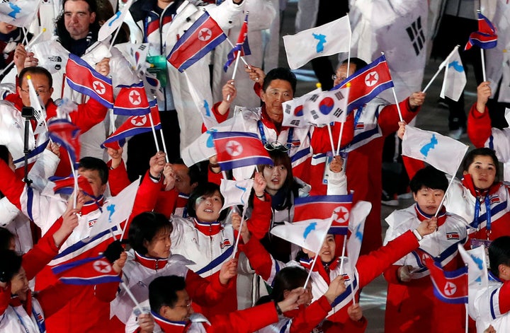 Athletes from North Korea and South Korea during the closing ceremony of the 2018 Pyeongchang Winter Games on Feb. 25, 2018.