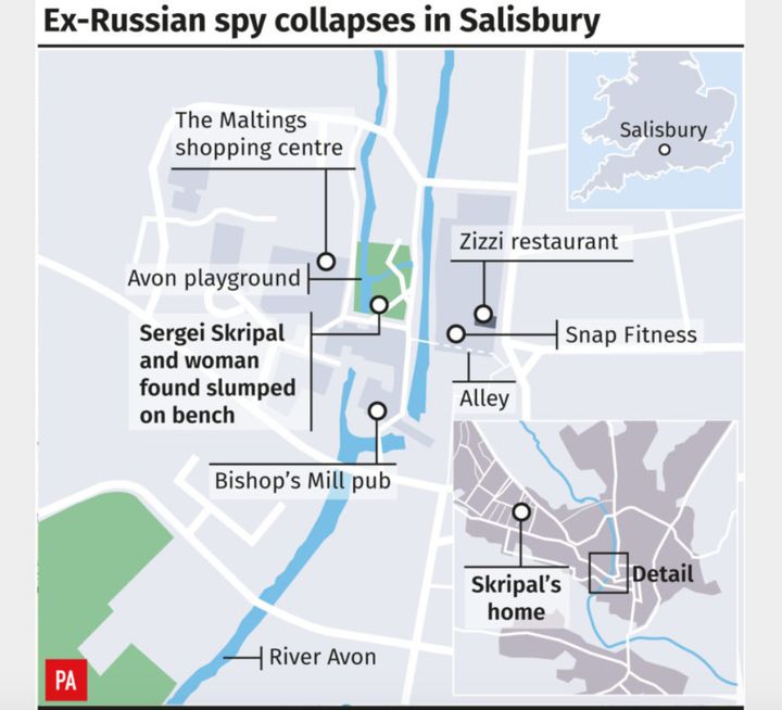 A map shows Skripal's movements before he and his daughter were discovered