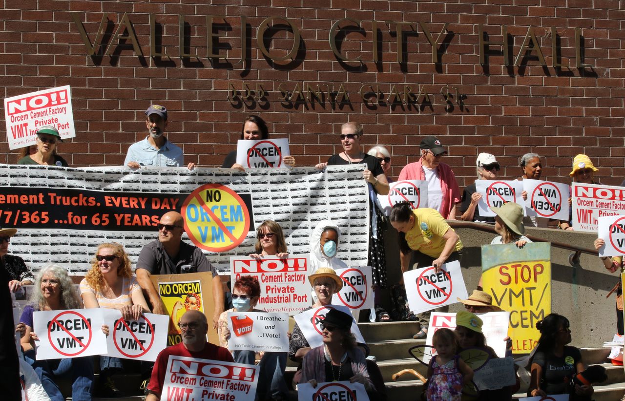 Residents gather in front of Vallejo City Hall to protest the Orcem project.