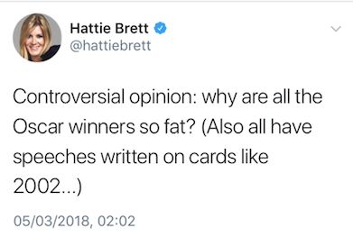 The now deleted tweet from Hattie Brett