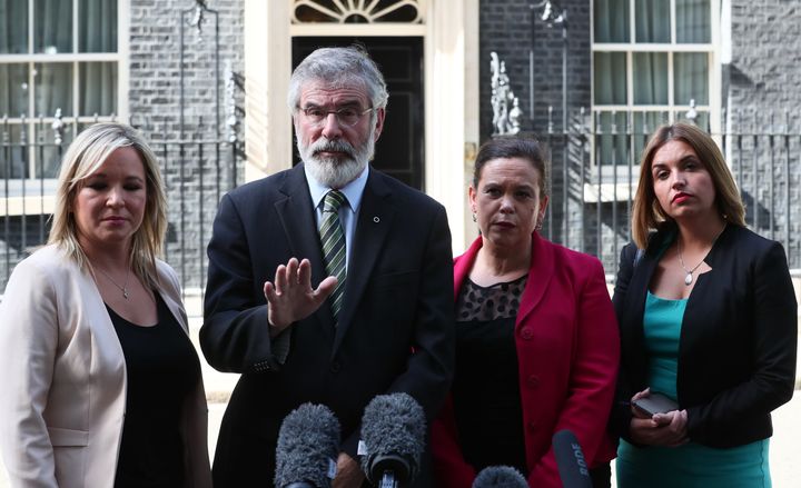Sinn Fein's Northern Ireland leader Michelle O'Neill, Sinn Fein's party president Gerry Adams, Sinn Fein deputy leader Mary Lou McDonald and Sinn Fein MP Elisha McCallion