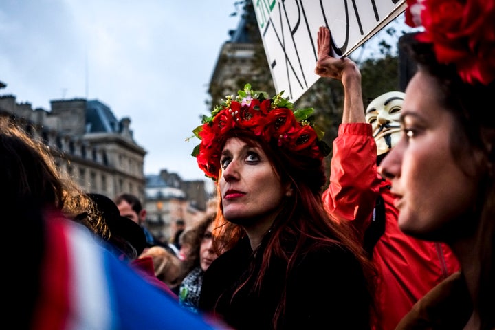 Demonstrators protesting against wage inequality in Paris, France.