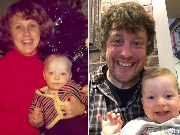 Left: Chris sitting on his mum's lap. Right: Chris with his son, Sam.