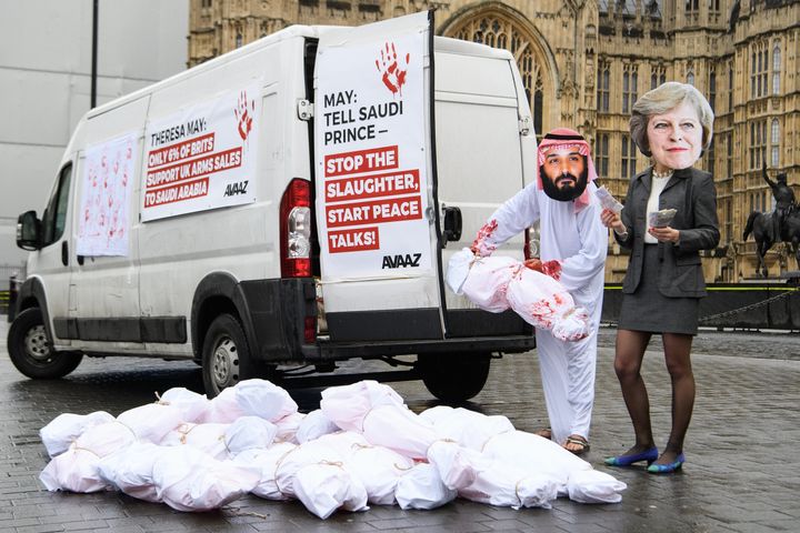 Demonstrators gathered outside of Downing Street today to protest the Crown Prince's visit 
