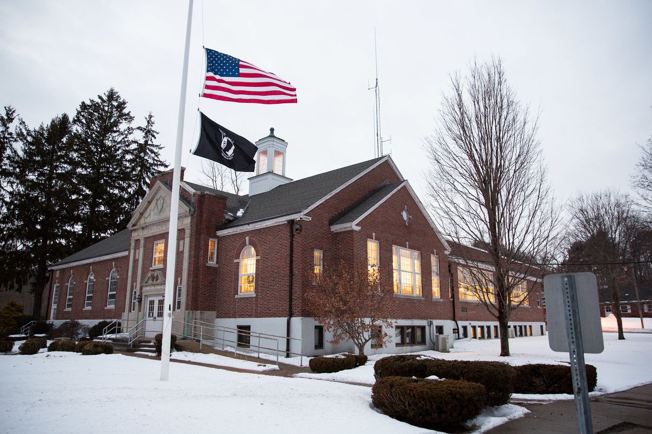 The public library in Hampden, Massachusetts, where Debney and Killoy live in relative anonymity. Unlike in neighboring Springfield, gun violence isn't an issue in the town of 5,000.