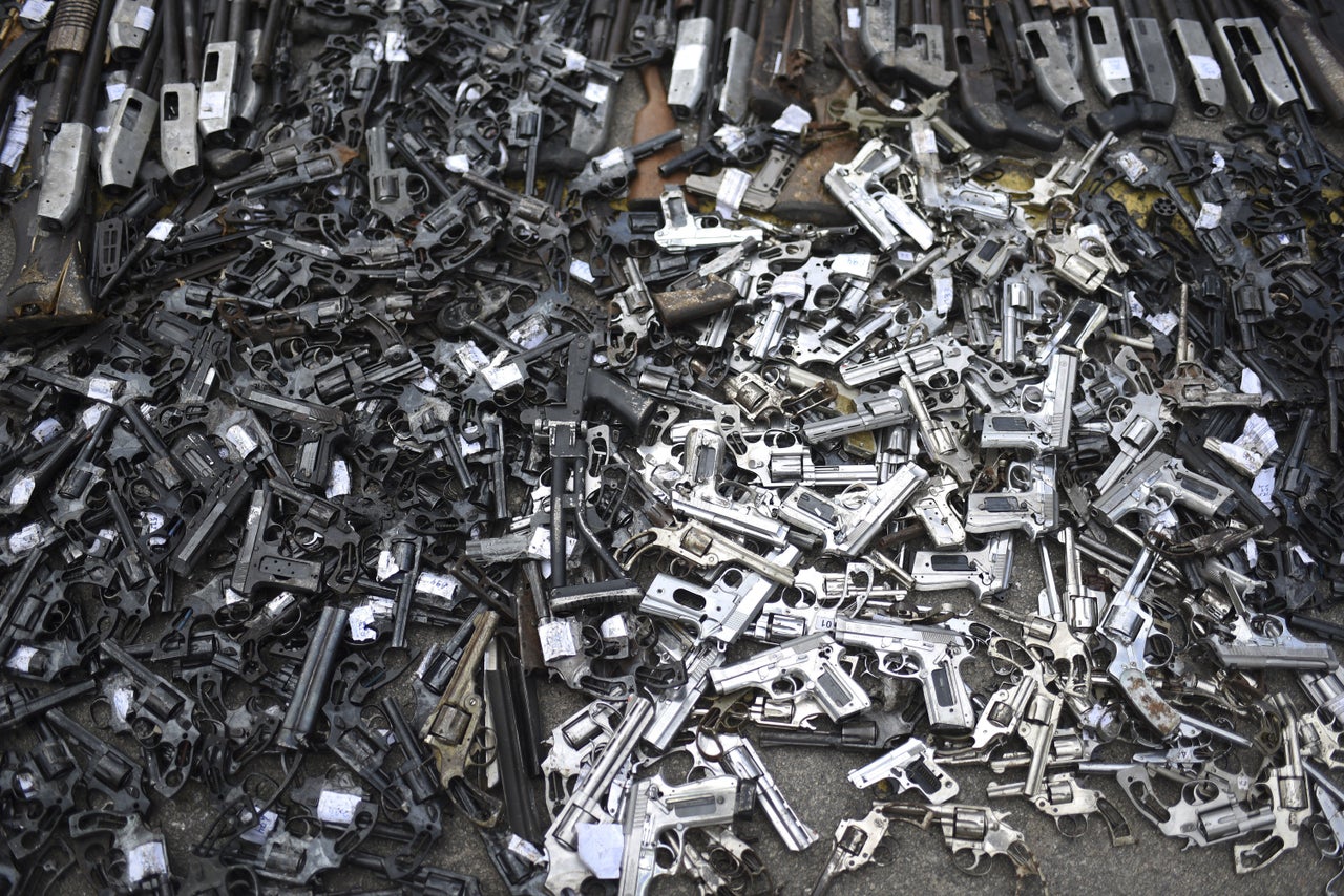 Weapons destroyed by the Brazilian Army "Exercito" at the military center in the Deodoro district of Rio on June 2, 2017.