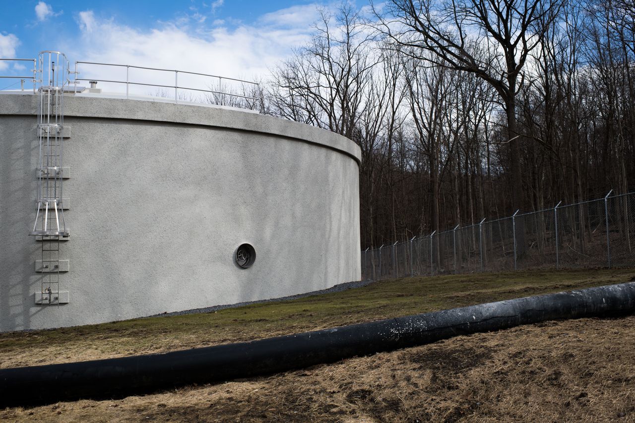A new water tank that can hold over 1 million gallons of water sits outside a new filtration plant in Newburgh on Feb. 26, 2018.