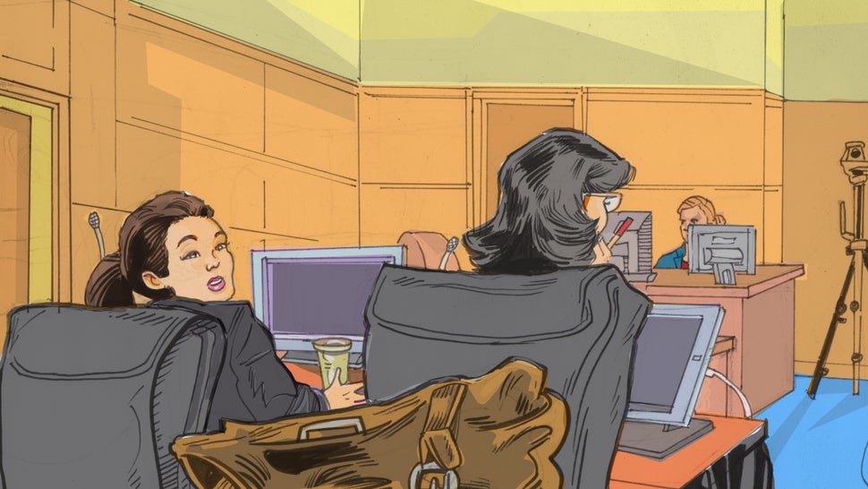 In a court sketch, Noor Salman is shown with her defense attorney Linda Moreno.