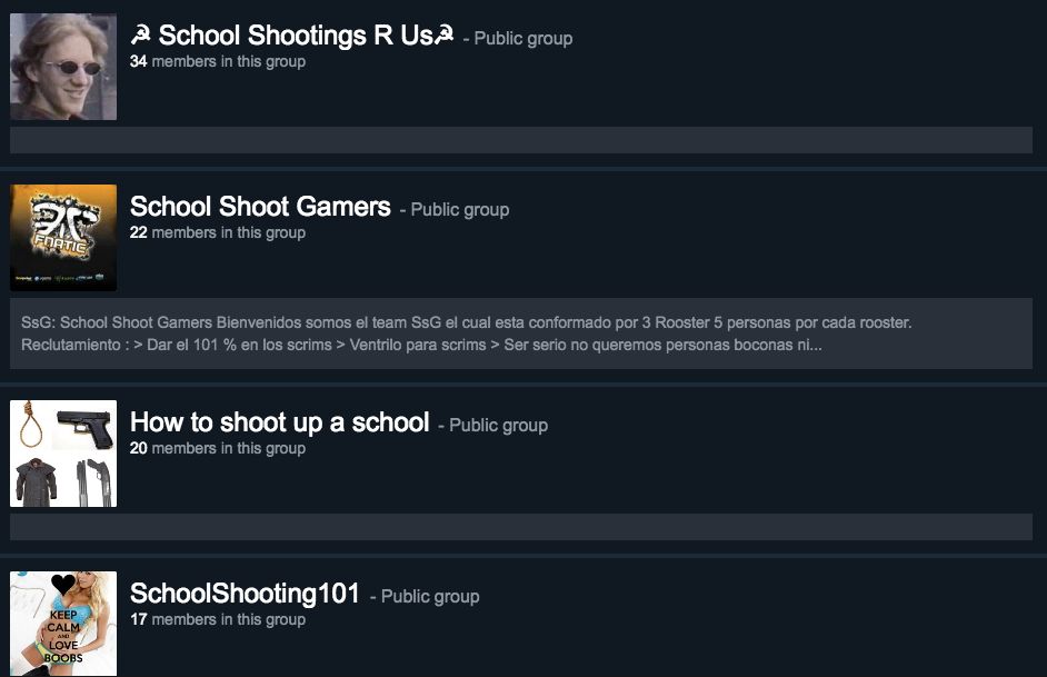 Steam groups with names that seem to promote school shootings.