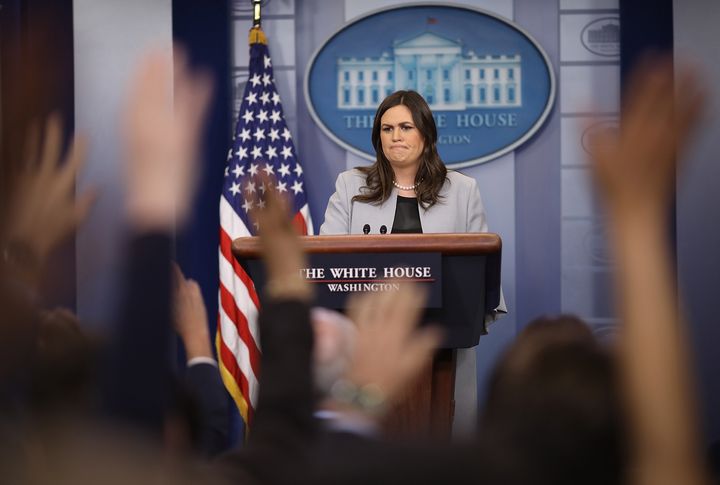 White House press secretary Sarah Huckabee Sanders takes questions at the daily briefing at the White House on Wednesday. A Fox News reporter used the term "globalist" in reference to Gary Cohn.