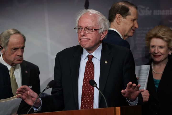 Sen. Bernie Sanders (I-Vt.) speaks at a March 7 news conference in which Senate Democrats introduced their $1 trillion infrastructure plan.