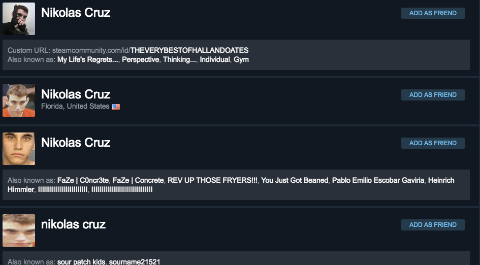 Hundreds of Steam users changed their name to Nikolas Cruz after the school shooting in Florida.