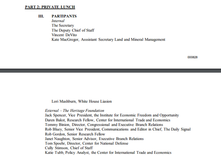 A list of Interior Department officials who attended a private lunch following the Heritage Foundation's "A Vision for American Energy Dominance" event on Sept. 29.