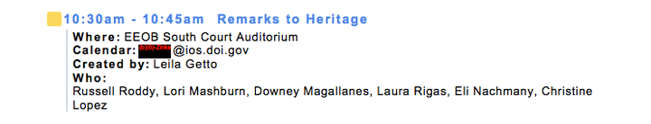 Interior Secretary Ryan Zinke's schedule lists Lori Mashburn as among those who attended an exclusive briefing for Heritage Foundation members and donors.