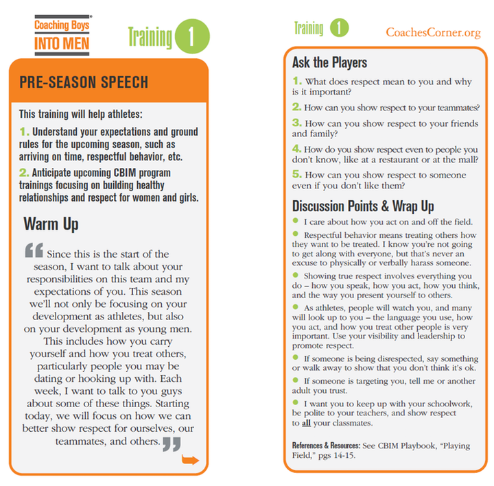 Coaching Boys Into Men lesson card for coaches. Contributed by
