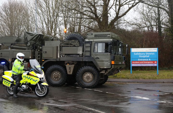A military convoy arrives at Salisbury District Hospital on Friday afternoon 