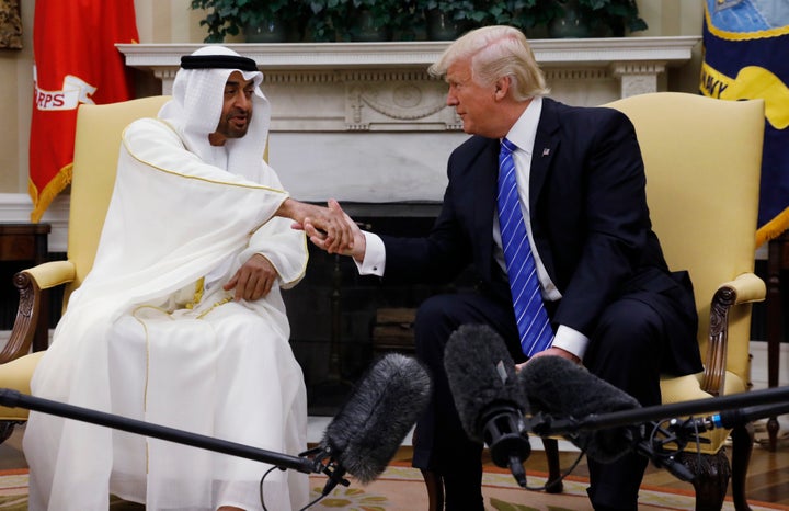 Crown Prince Mohammed bin Zayed al-Nahyan and President Donald Trump shake hands at the White House in May 2017.