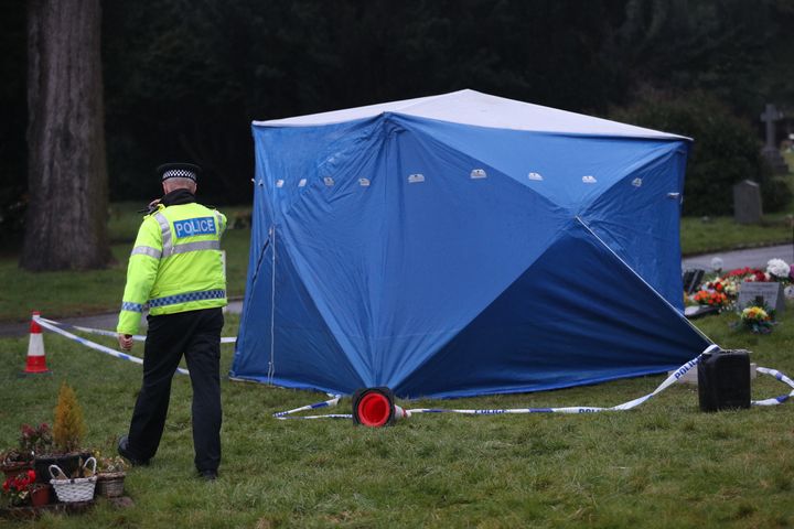 <strong>A tent erected at the London Road cemetery in Salisbury, Wiltshire, over the memorial stone of Alexandr Skripal</strong>