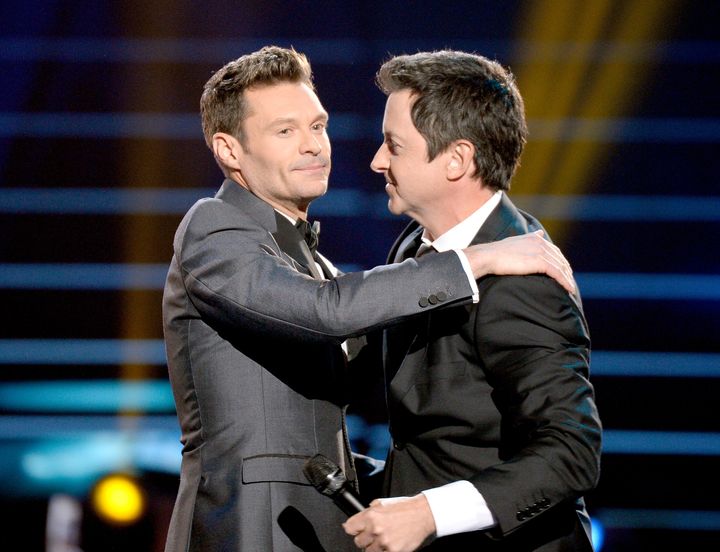 Ryan Seacrest and Brian Dunkleman onstage during Fox's "American Idol" finale on April 7, 2016.