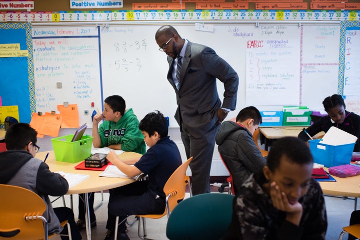 Antwan Wilson visits a fifth-grade math class at the Brightwood Education Campus in Washington, D.C. on Feb. 1, 2017.