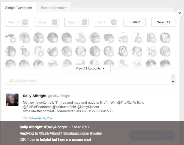 A screenshot of Albright's Buffer account that she tweeted showed accounts under her control, including some of the automated accounts in question.