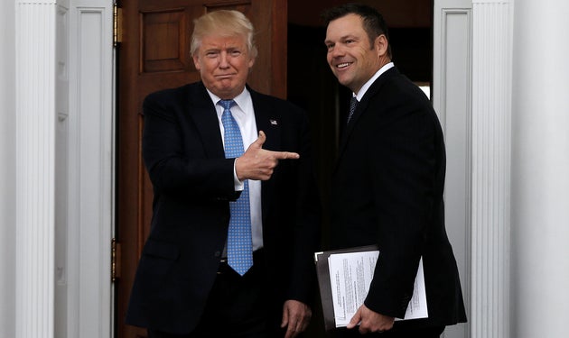 Donald Trump with&nbsp;Kansas Secretary of State Kris Kobach before a meeting on alleged voter fraud...