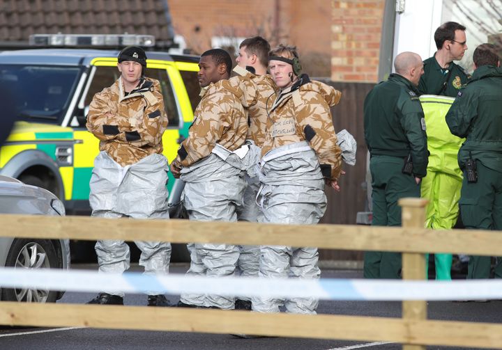 Military personnel at the South Western Ambulance Service station in Harnham, near Salisbury, as police and members of the armed forces probe the suspected nerve agent attack on Russian double agent Sergei Skripal.