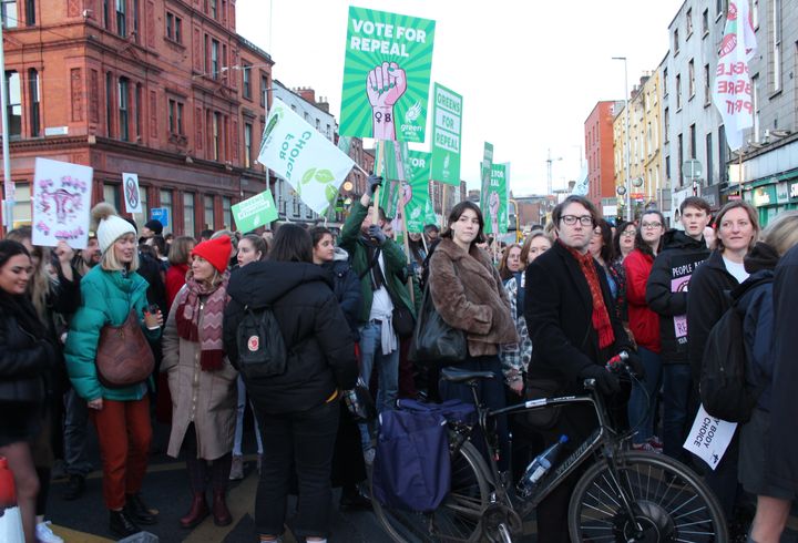 People gather in Dublin's Parnell Square on March 8 to call for the repeal of the eighth amendment.