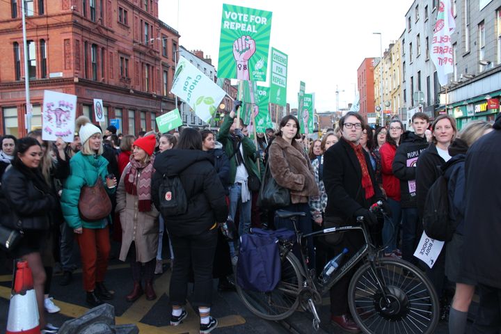 People gather in Dublin's Parnell Square on March 8 to call for the repeal of the eighth amendment.