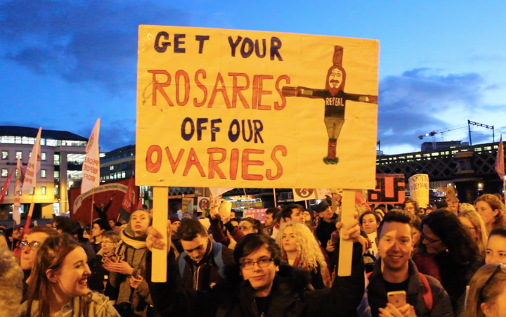 Repeal supporters gather at the end of the march.