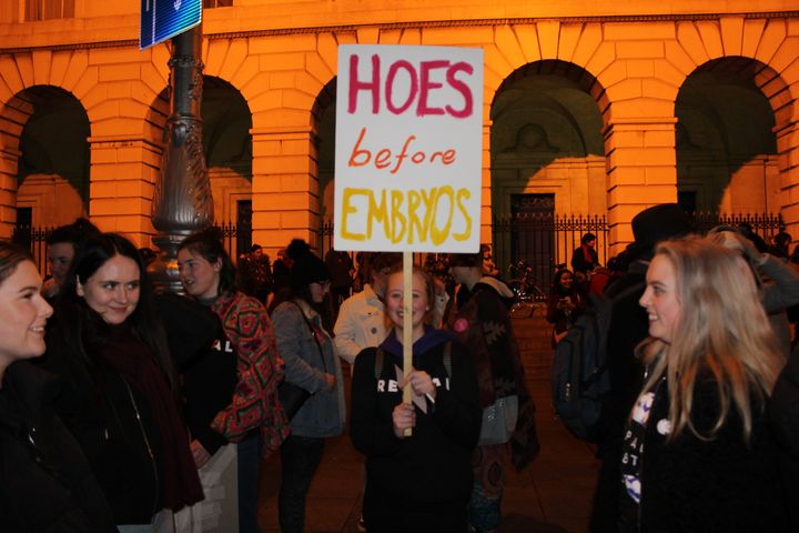 A protester raises a sign that reads "hoes before embryos" at the pro-choice rally.