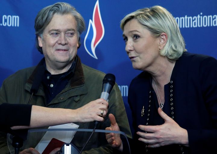 Steve Bannon with French politician Marine Le Pen at France's National Front conference in Lille, France.