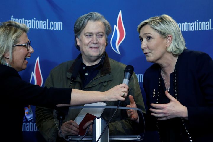 Steve Bannon with French politician Marine Le Pen at France's National Front conference in Lille, France.