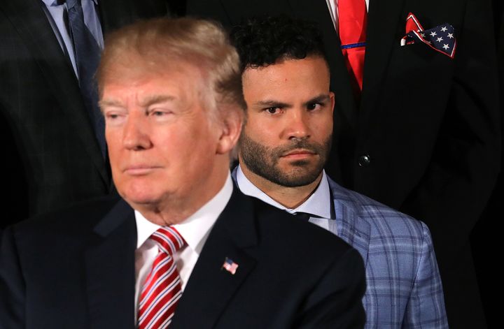 Houston Astros second baseman José Altuve watches President Donald Trump during a celebration of his team's World Series victory in the East Room of the White House on Monday.