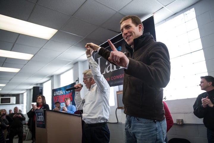 United Mine Workers of America President Cecil Roberts, left, speaks at a rally for Democrat Conor Lamb on Sunday.