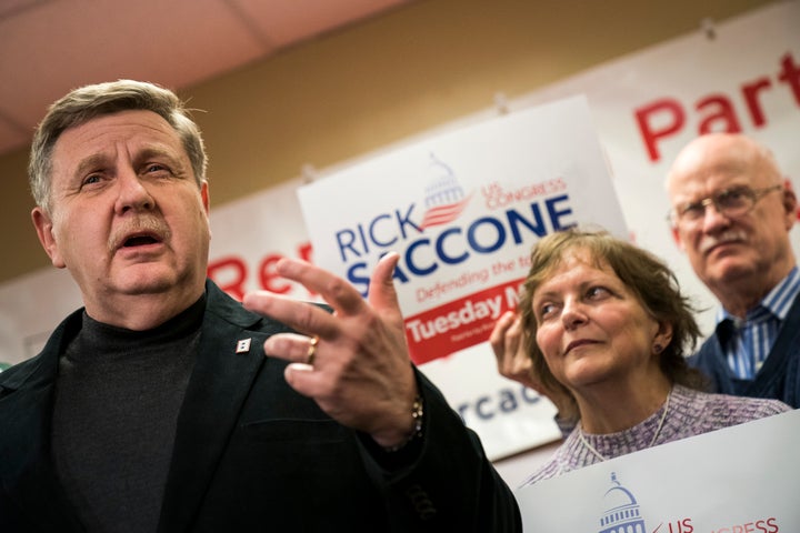 Republican Rick Saccone speaks at a get-out-the-vote event in Pittsburgh on Friday. His opposition to labor union priorities has unified organized labor against him.