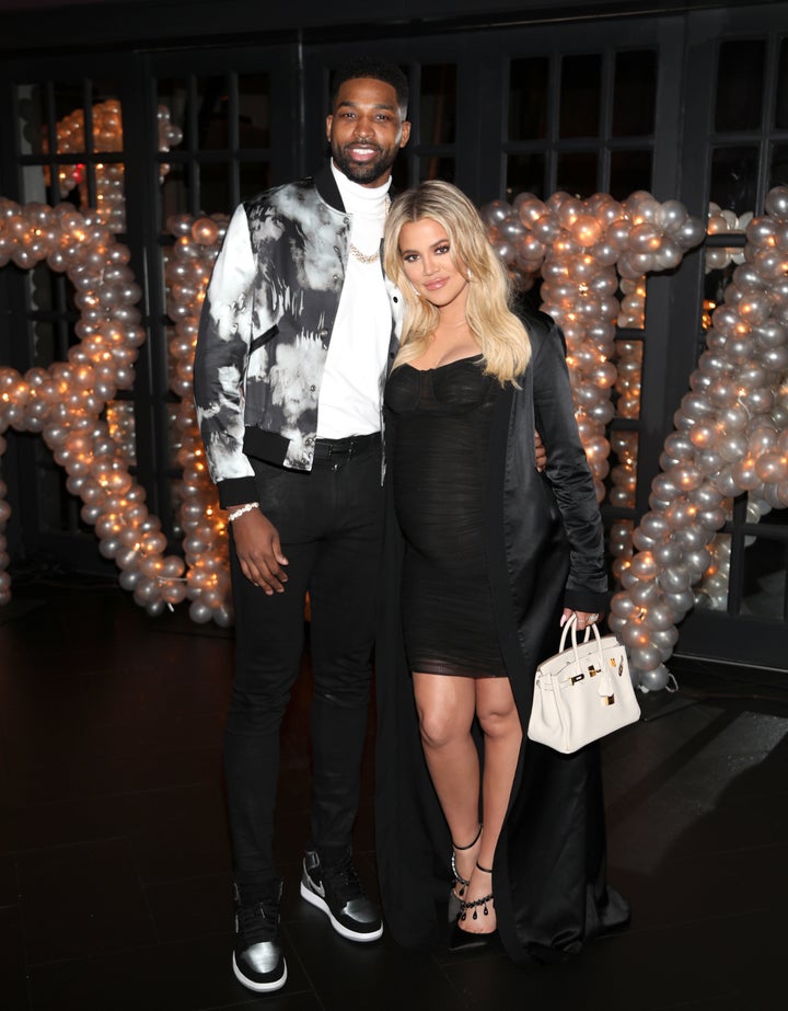 Tristan Thompson and Khloe Kardashian pose at his birthday party in March. 