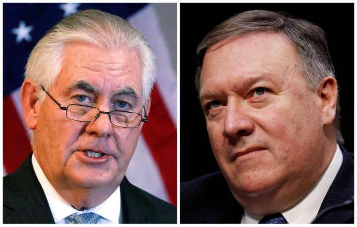 A combination photo shows Secretary of State Rex Tillerson, left, in Addis Ababa, Ethiopia, March 8, 2018, and CIA Director Mike Pompeo on Capitol Hill in Washington, D.C., Feb. 13, 2018.